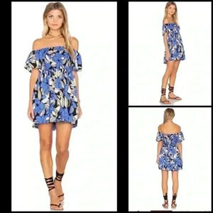 Free People Louise Smocked Floral Print Babydoll Off Shoulder Dress Blue Combo